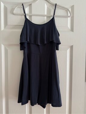 Maronie Navy Spaghetti Strap Ruffle Mini Romper